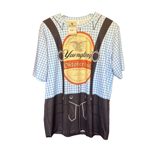 NWT Yuengling Oktoberfest T-Shirt Size L Brown Plaid Suspender Graphic Beer - Picture 2 of 5